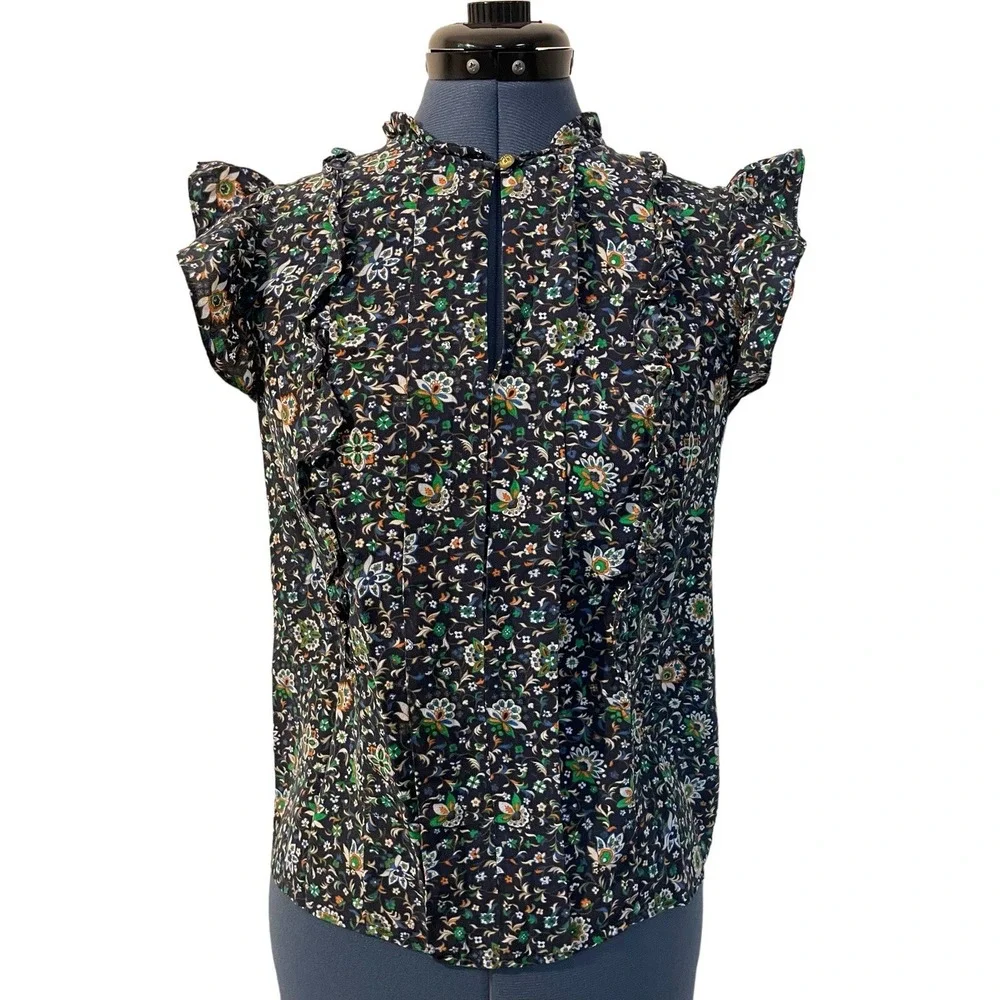 Tory Burch Silk Navy Floral Flutter Cap Sleeve Top Prairie Peasant Preppy Y2K 0